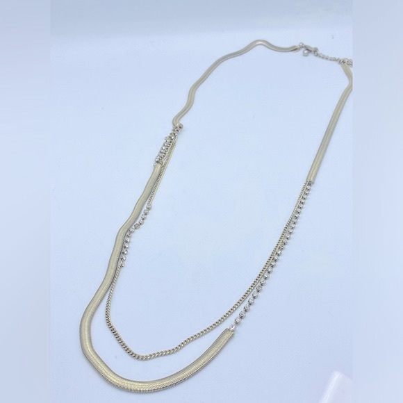 Chicos Muted Gold Tone Long Snake Chain Muti Textured With Rhinestones Necklace - Picture 1 of 8